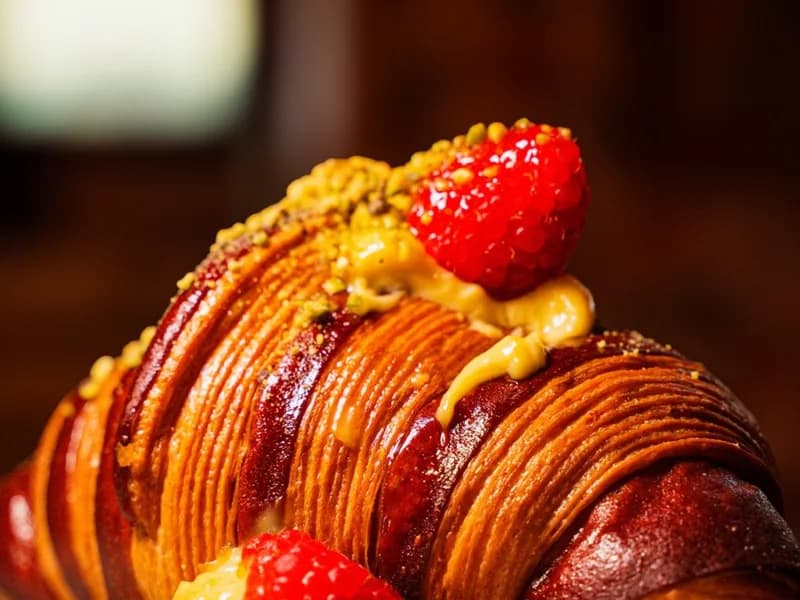 Un cornetto sfogliato con fragole e crema, fotografato in pasticceria